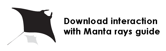 Black stylized manta ray silhouette above a smaller white ray with the text Download interaction with Manta rays guide