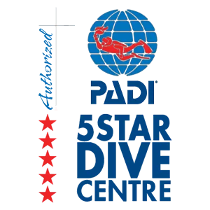 PADI 5 Star Dive Centre logo: blue globe with red diver, PADI and 5 STAR DIVE CENTRE lettering, five red stars.