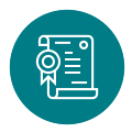 Rolled certificate with ribbon seal and horizontal text lines centered in a teal circular icon.