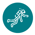 White line icon of a rescue swimmer carrying another person inside a teal circular badge.