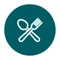 White spoon and fork crossed inside a teal circular badge with a thin white border