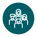 Stylized white line icon showing a group of four people inside a teal circular badge.