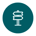 White three-arrow signpost icon centered on teal circle with thin white border.