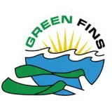 Circular logo showing yellow sun rays above blue stylized waves, green scuba fins in the foreground and the words "GREEN FINS" curved at the top
