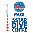 PADI 5 Star Dive Centre logo: blue globe with red diver, PADI and 5 STAR DIVE CENTRE lettering, five red stars.