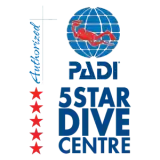 PADI 5 Star Dive Centre logo showing a globe with a red diver, PADI text, stacked "5 STAR DIVE CENTRE" and a vertical "Authorized" with five red stars