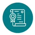 Rolled certificate with ribbon seal and horizontal text lines centered in a teal circular icon.