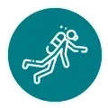White line icon of a rescue swimmer carrying another person inside a teal circular badge.