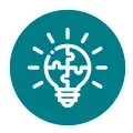 White line icon of a lightbulb containing a human head silhouette with a puzzle-piece brain on a teal circular background.