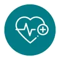 Teal circular icon showing a white heart with an ECG pulse line and a small plus sign at the upper right.