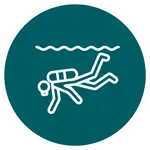 White line icon of a scuba diver with tank and mask beneath a wavy waterline on a teal circle