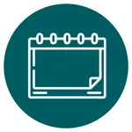 Spiral-bound notepad icon with bottom-right page curl centered on a teal circular background.
