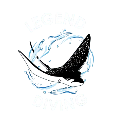 Spotted ray with white belly and speckled dark back swimming through blue water swirls, framed by bold white text LEGEND above and DIVING below.