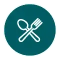 White spoon and fork crossed inside a teal circular badge with a thin white border