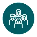 Stylized white line icon showing a group of four people inside a teal circular badge.