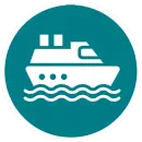 White ferry silhouette with cabin and three portholes above wavy lines on a teal circular background.
