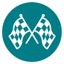 Two crossed black-and-white checkered racing flags centered inside a teal circular badge with a white border.