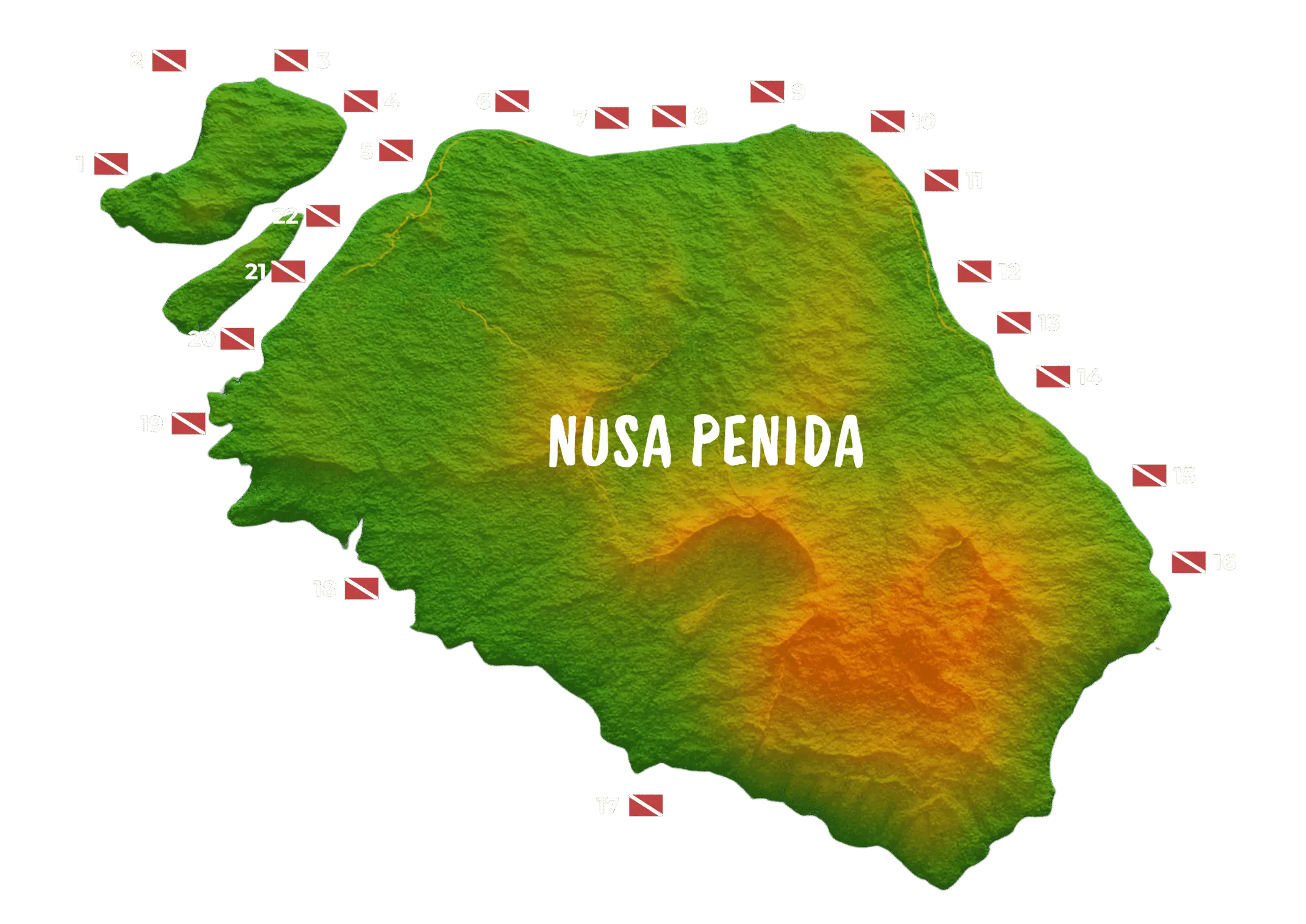Grün-orangene Reliefkarte von Nusa Penida mit markierten 22 Tauchspots entlang der Küste und großer weißer Schrift NUSA PENIDA.