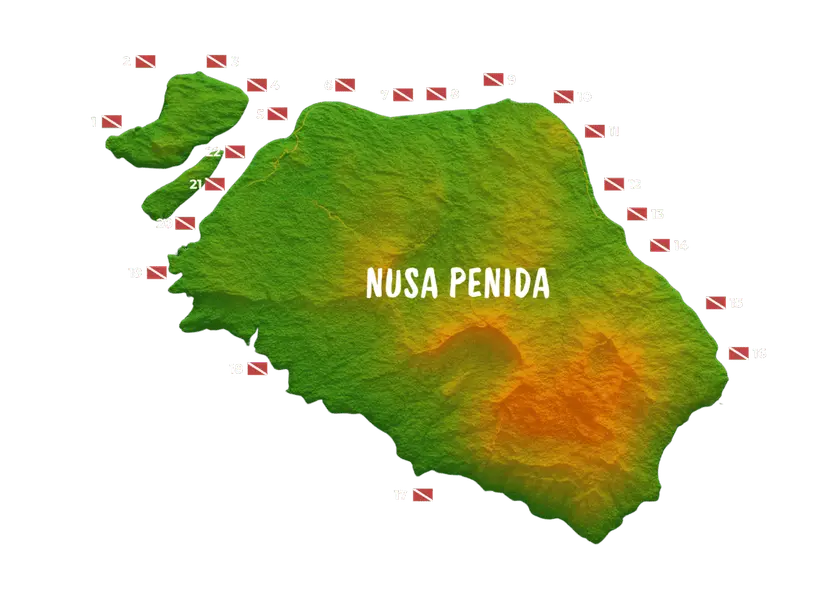 Topografische Karte von Nusa Penida mit Tauchplatz-Markern rund um die Insel und hervorgehobenen Höhenunterschieden.