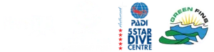 Five marine logos: Manta Trust (manta ray), Marine Megafauna Foundation, PADI 5-Star Dive Centre, Green Fins.