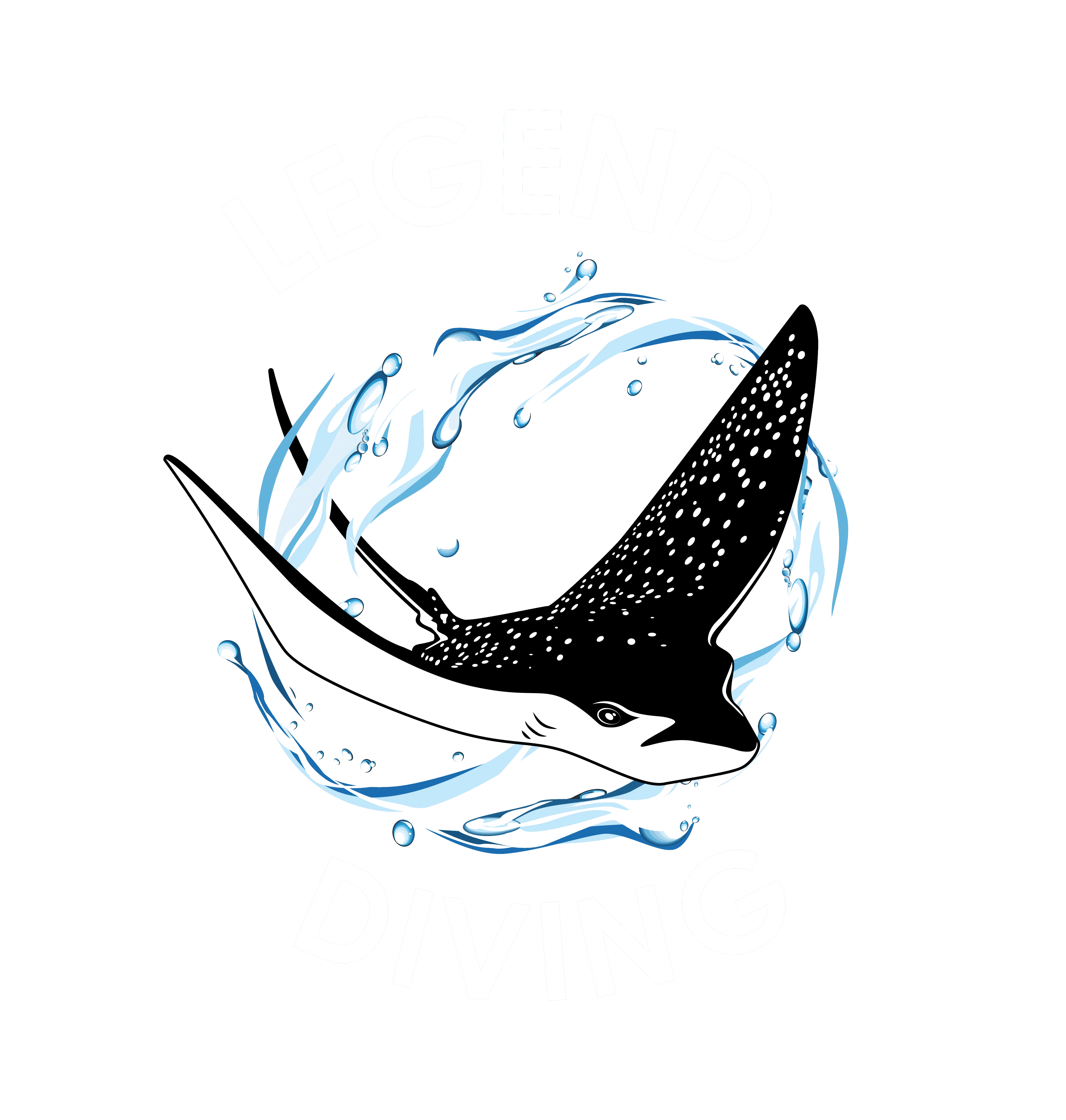 Logo original no background white Letters Spotted ray with white belly and speckled dark back swimming through blue water swirls, framed by bold white text LEGEND above and DIVING below.